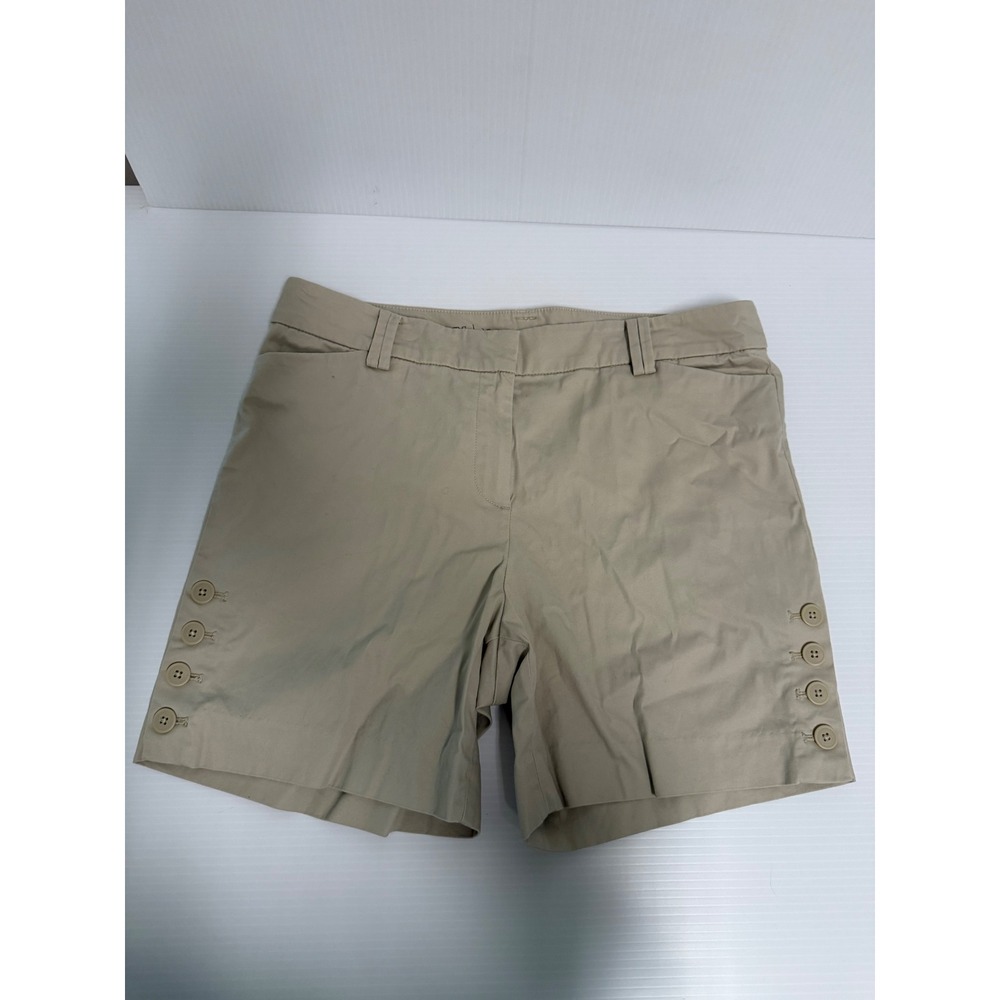 Talbots Womens 12P Khaki Chino Shorts Tan Button Hem Stretch Cotton Petite